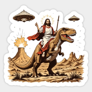 Jesus Riding a T-Rex - Epic Sci-Fi and Religious Mashup Art Sticker